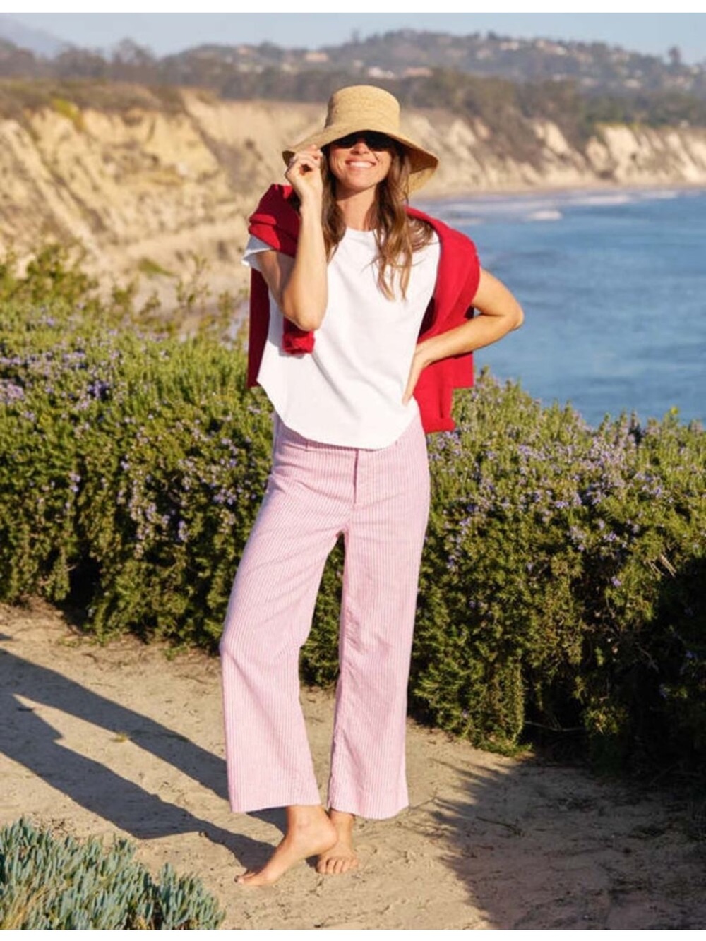 Frank & Eileen Pants Wexford Wide Leg Cotton Linen in Pink Stripe